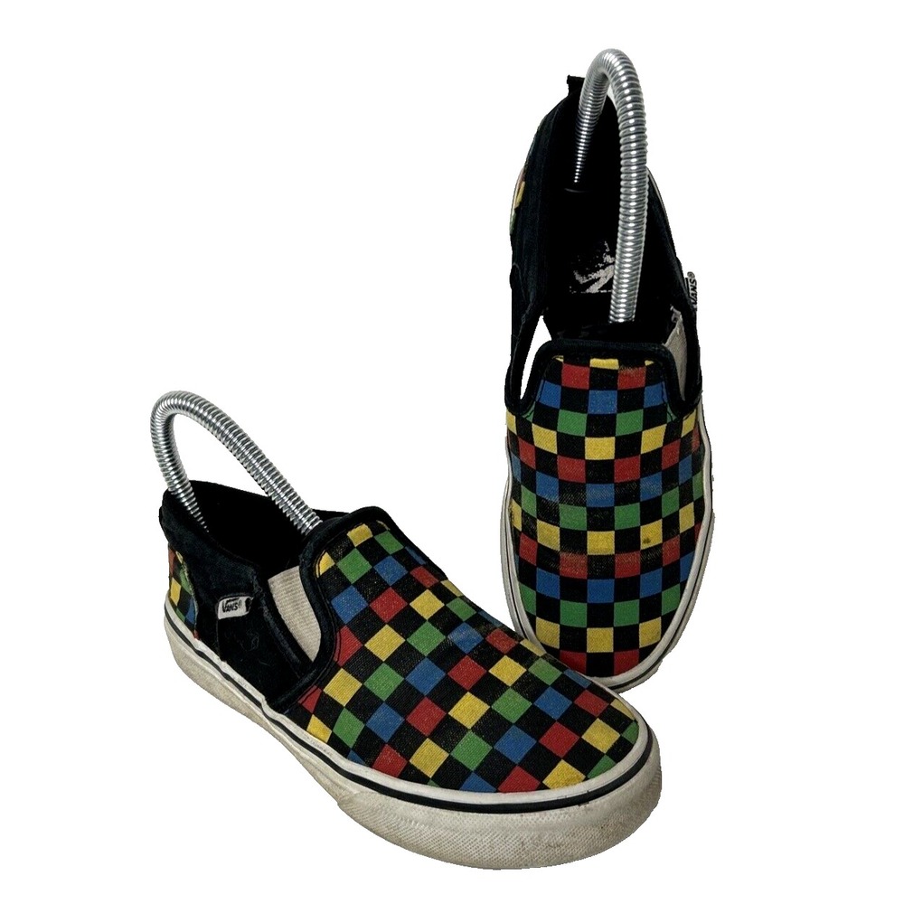 Vans Child Youth Size 2 Slip On Checkered Black Rainbow Canvas Shoes